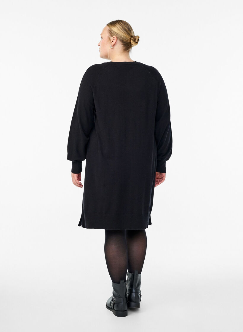 Robe courte en maille &agrave; manches raglan et couture centrale, Noir, Model image number 2