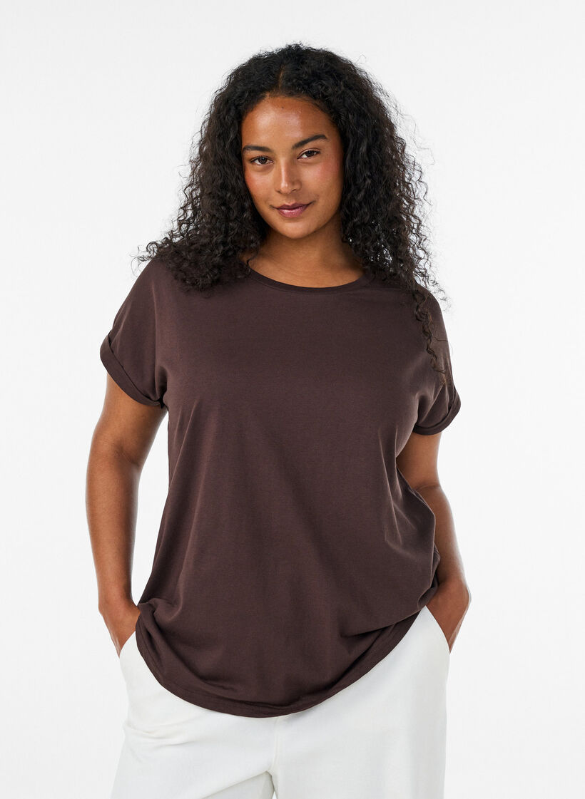 T-shirt &agrave; manches courtes en coton m&eacute;lang&eacute;, Marron, Model image number 0