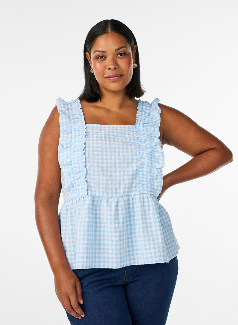 Haut &agrave; carreaux avec volants, Bleu Clair, Model image number 0