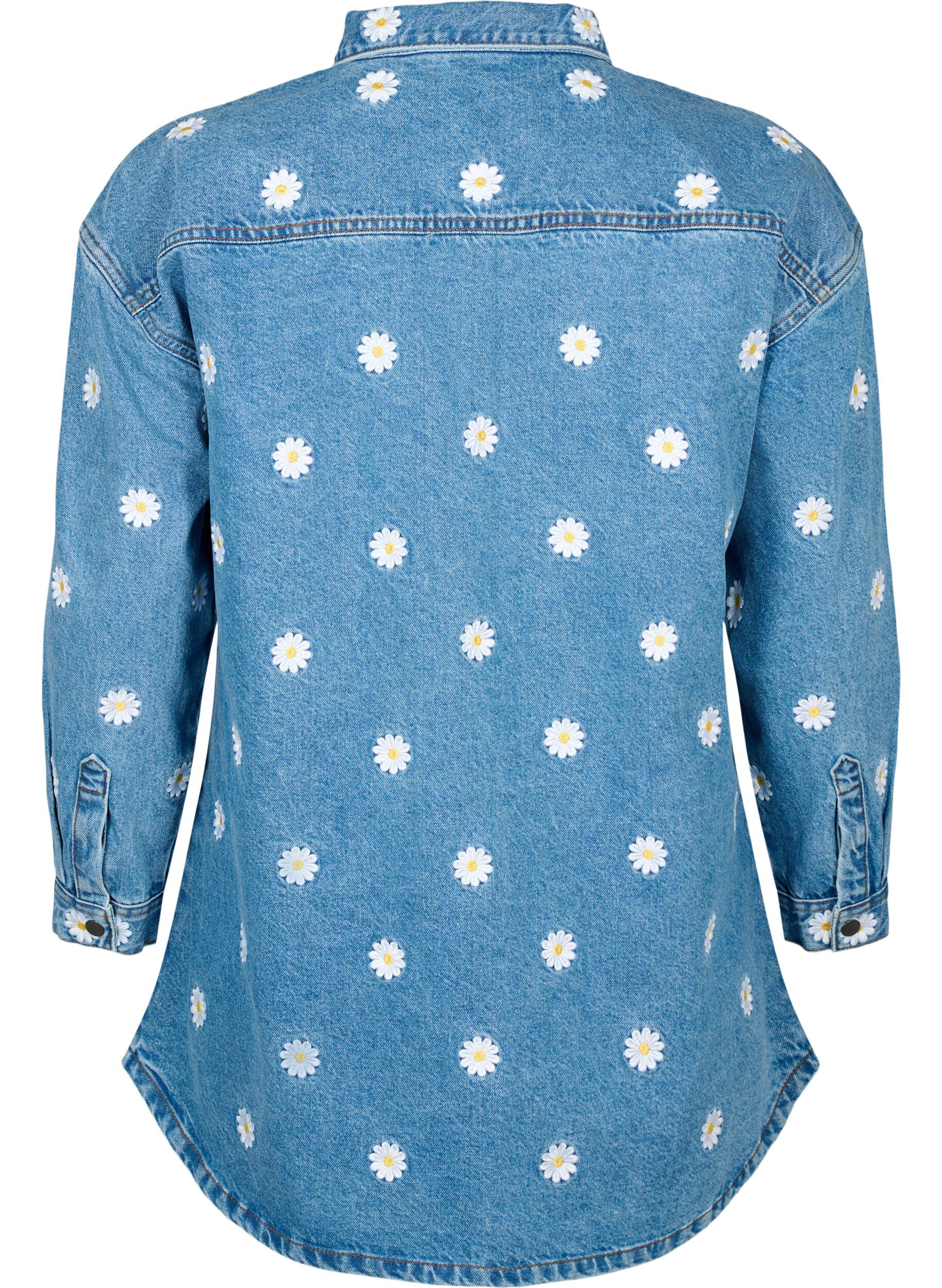 Zizzi Chemise en jean ample avec marguerites brod&eacute;es, L.B. Flower, Packshot image number 1