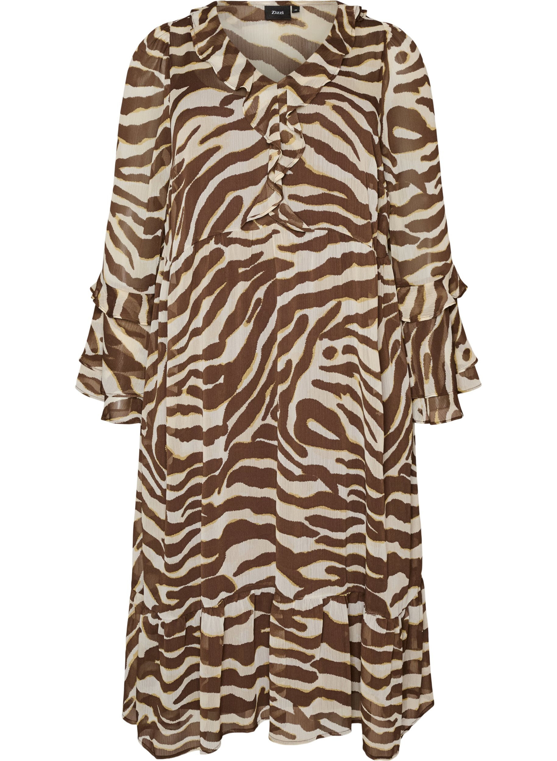ZizziRobe midi avec volants et col en V, Marron, Packshot image number 0