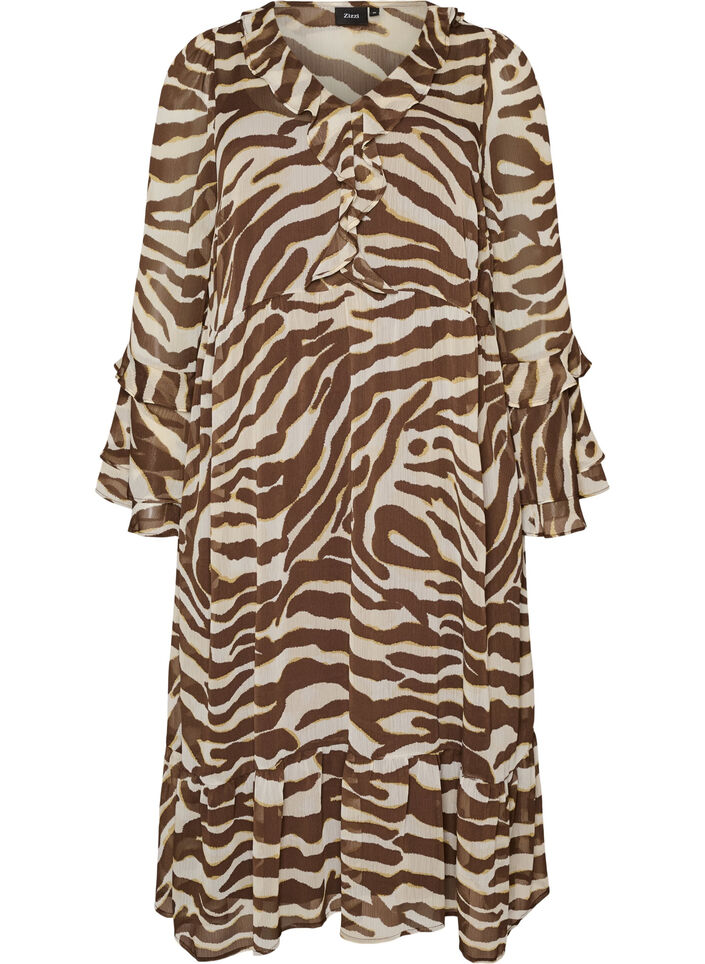 Robe midi avec volants et col en V, Marron, Packshot image number 0