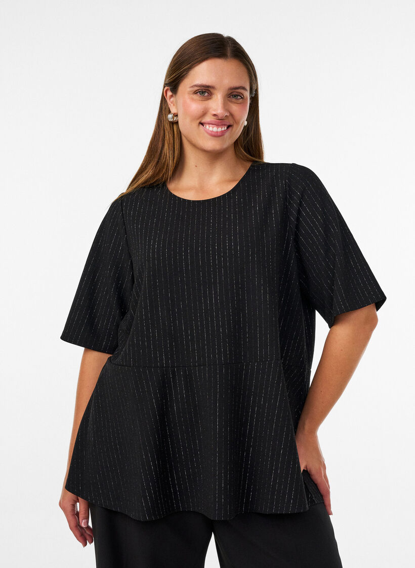 Blouse p&eacute;plum avec rayures paillet&eacute;es, Noir, Model image number 0
