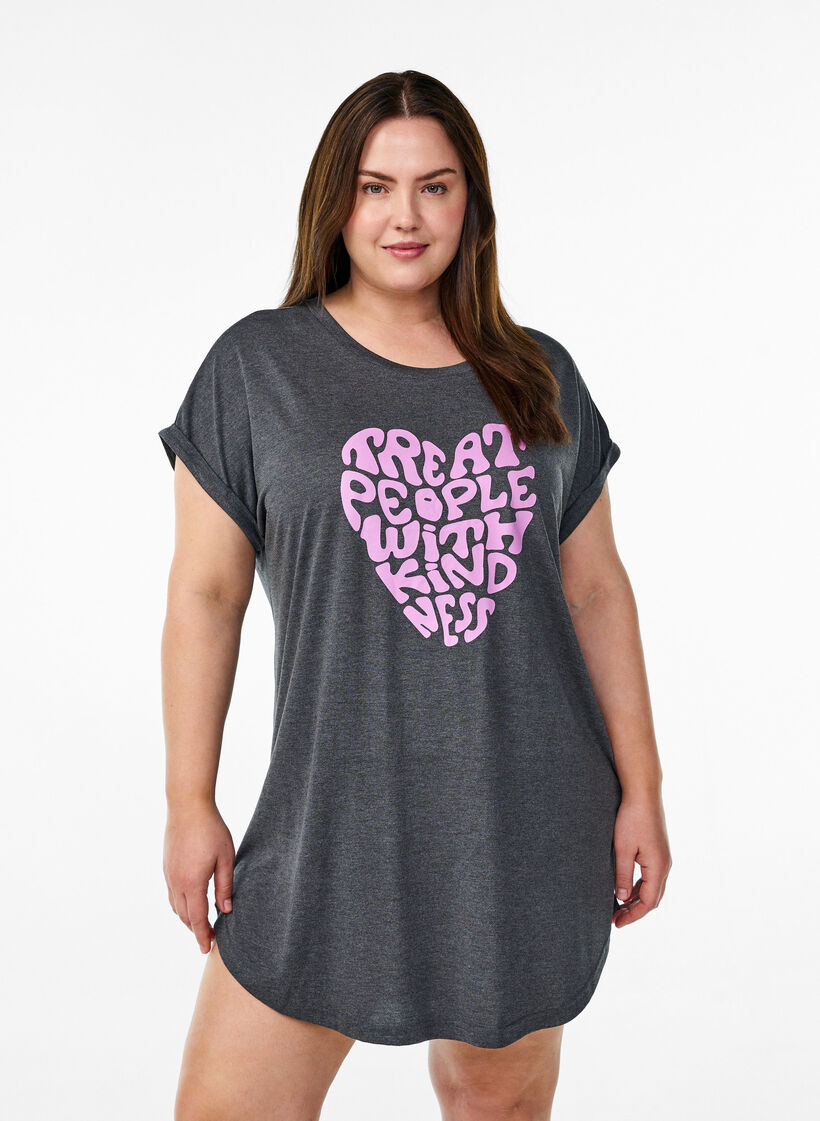 Chemise de nuit à manches courtes avec imprimé texte, Noir, Model image number 0