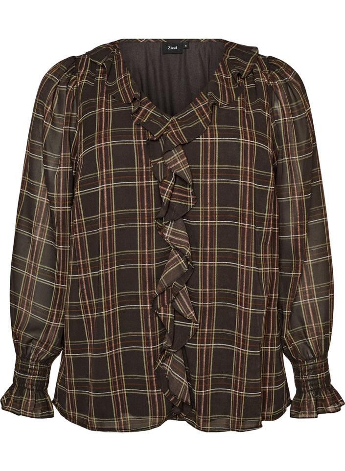 Blouse &agrave; carreaux avec volants, Vert, Packshot image number 0