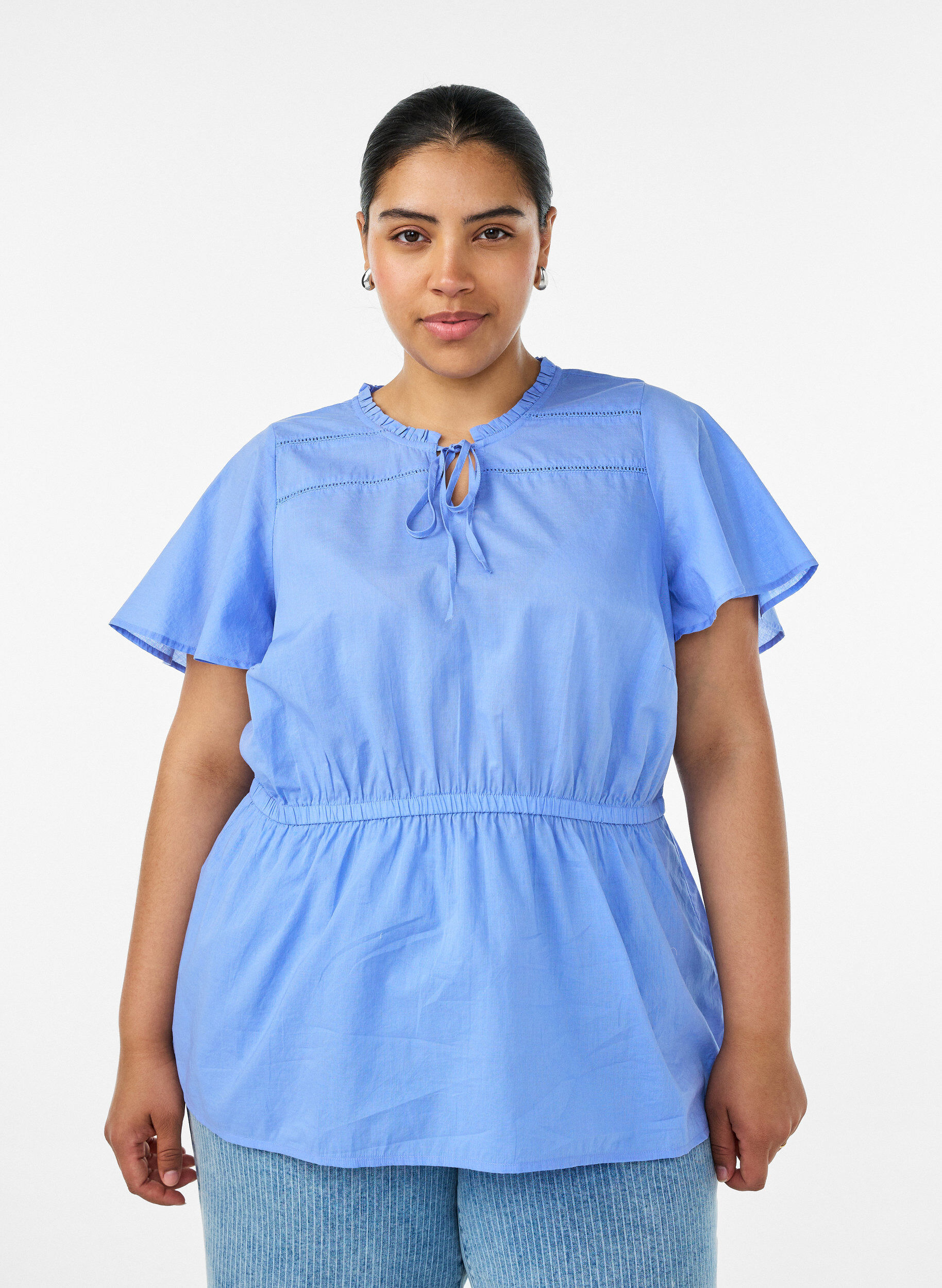 ZizziBlouse en coton avec lien &agrave; nouer et taille &eacute;lastiqu&eacute;e, Bleu, Model image number 0