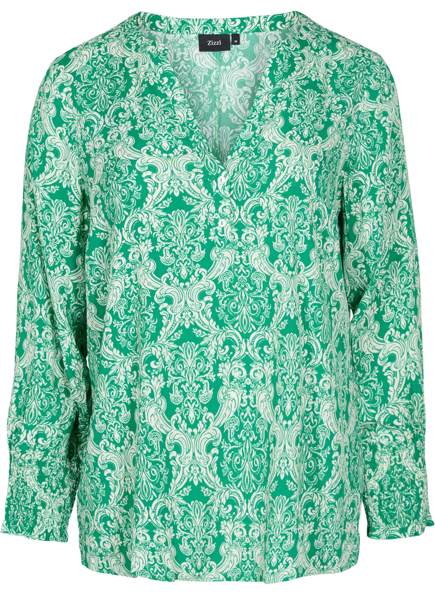 Zizzi Blouse en viscose imprim&eacute;e avec smock, Jolly Green Oriental, Packshot image number 0