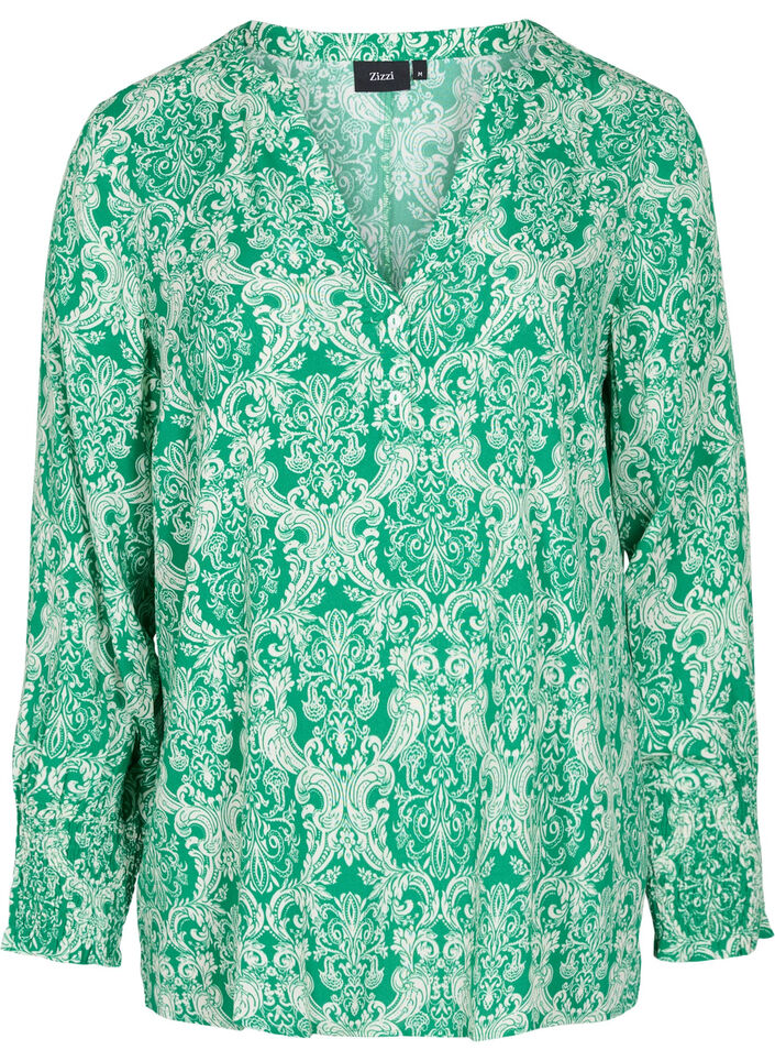 Blouse en viscose imprimée avec smock, Jolly Green Oriental, Packshot image number 0