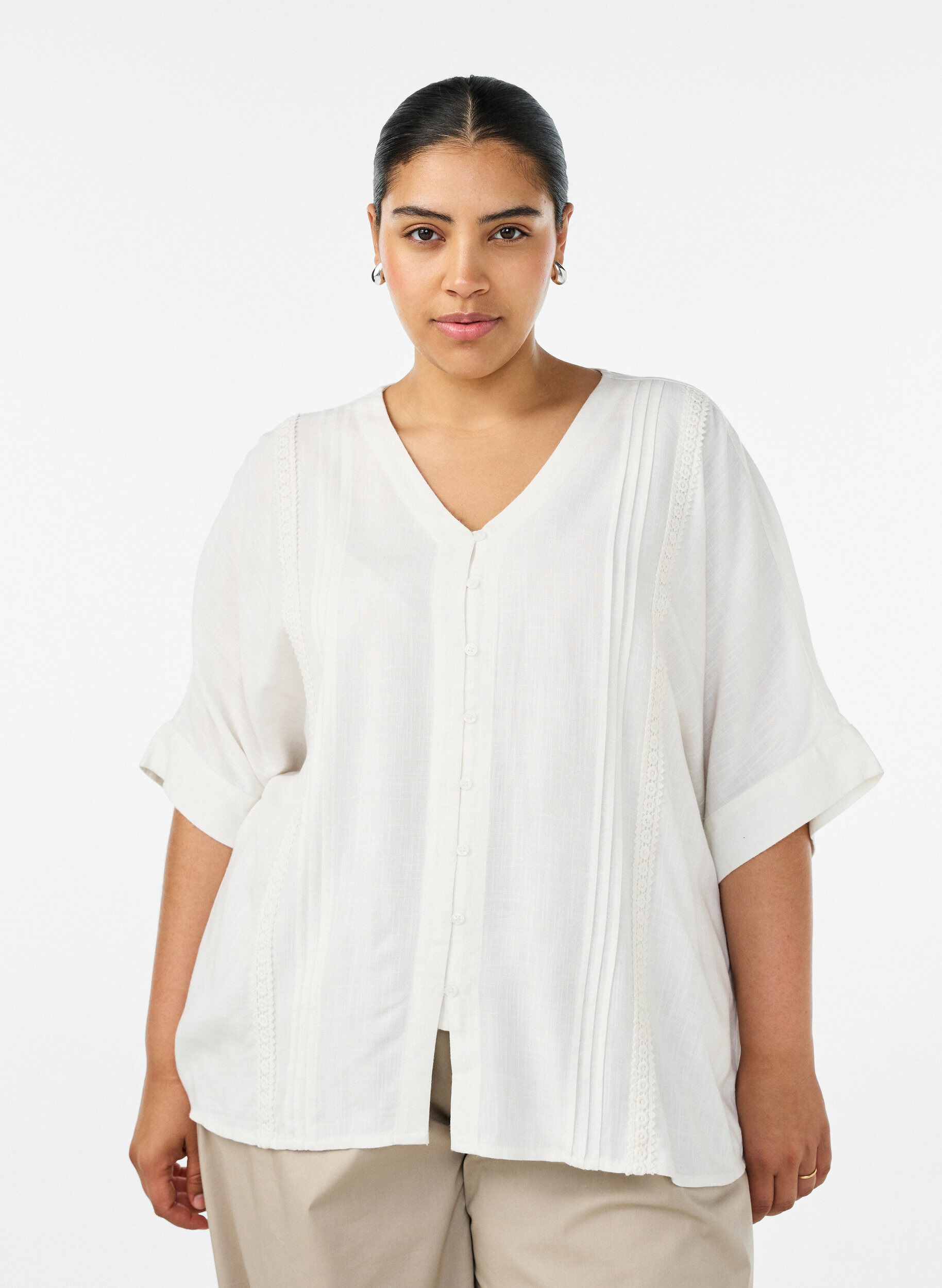 ZizziBlouse en viscose avec bordure crochet et boutons, Vanille, Model image number 0