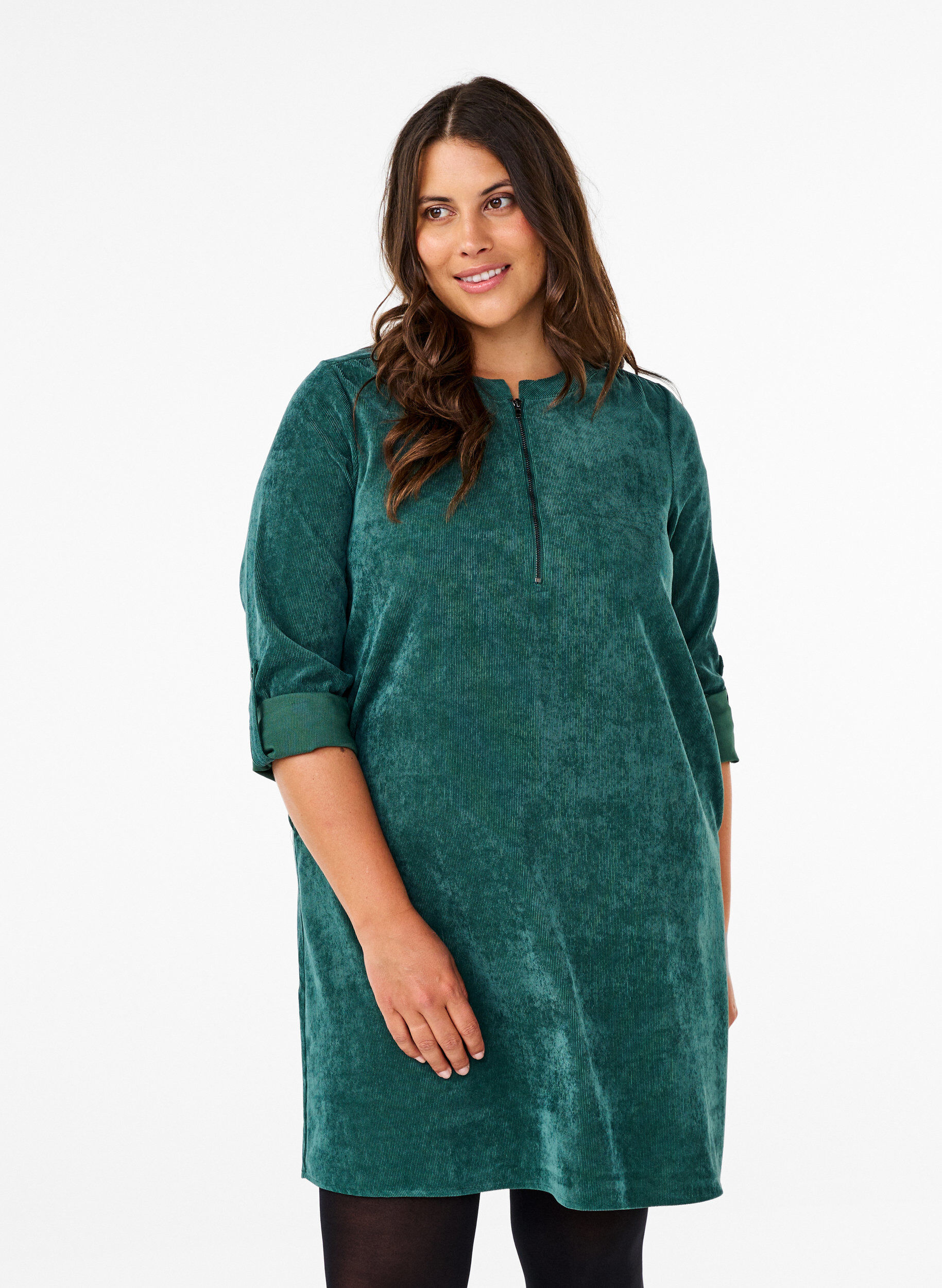 Zizzi Robe en velours avec d&eacute;tail de fermeture &eacute;clair, Posy Green, Model image number 0