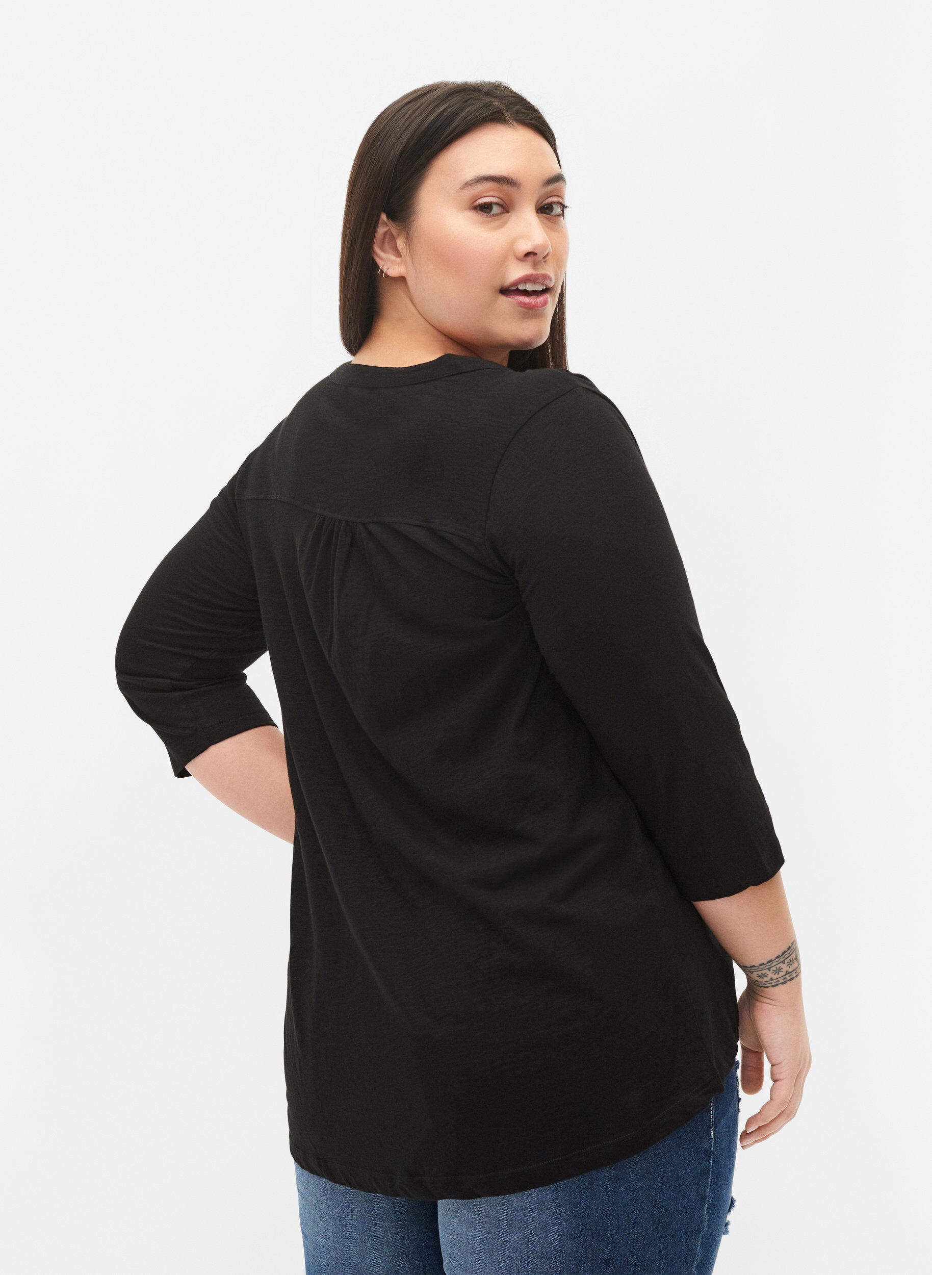 Zizzi Blouse en coton &agrave; manches 3/4, Black, Model image number 1