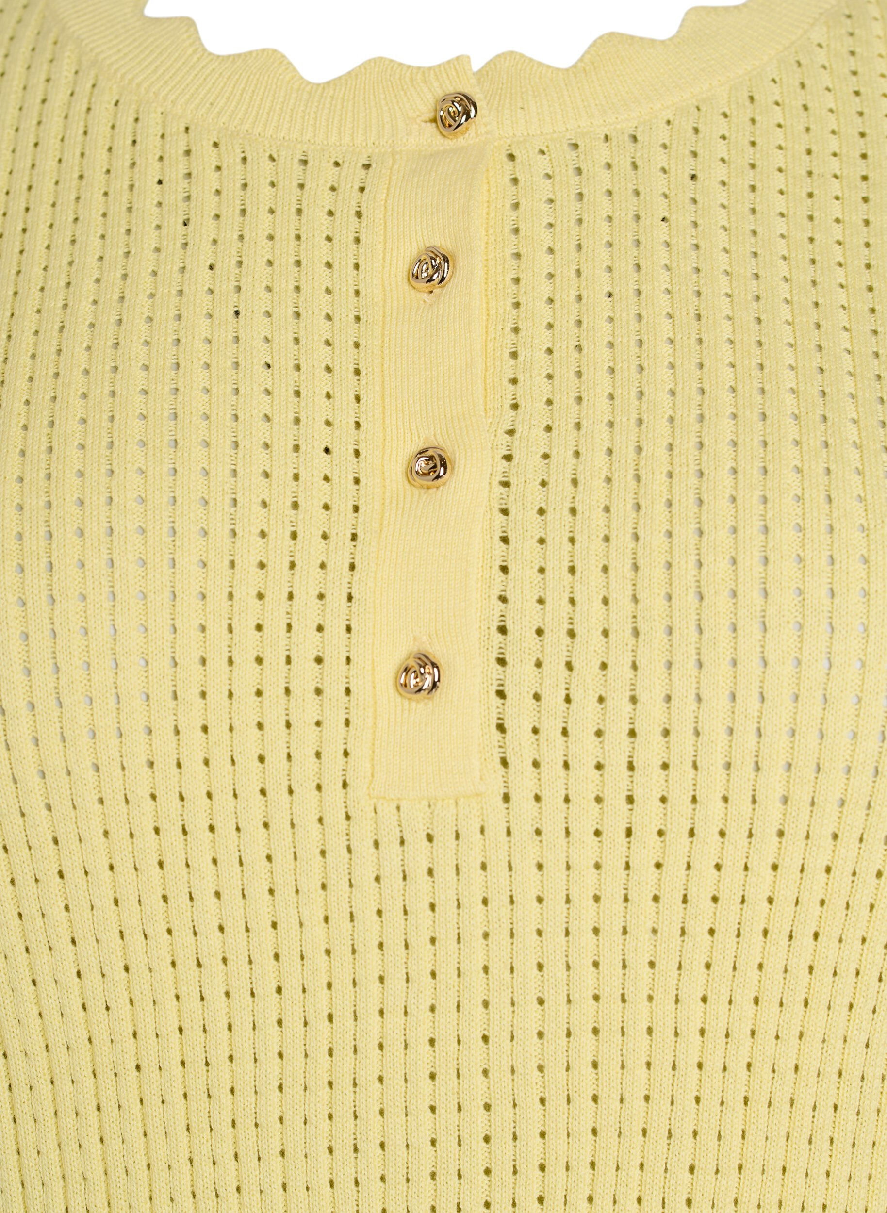 Zizzi Blouse en maille &agrave; manches courtes avec motif ajour&eacute; et bords ondul&eacute;s, Jaune clair, Packshot image number 2