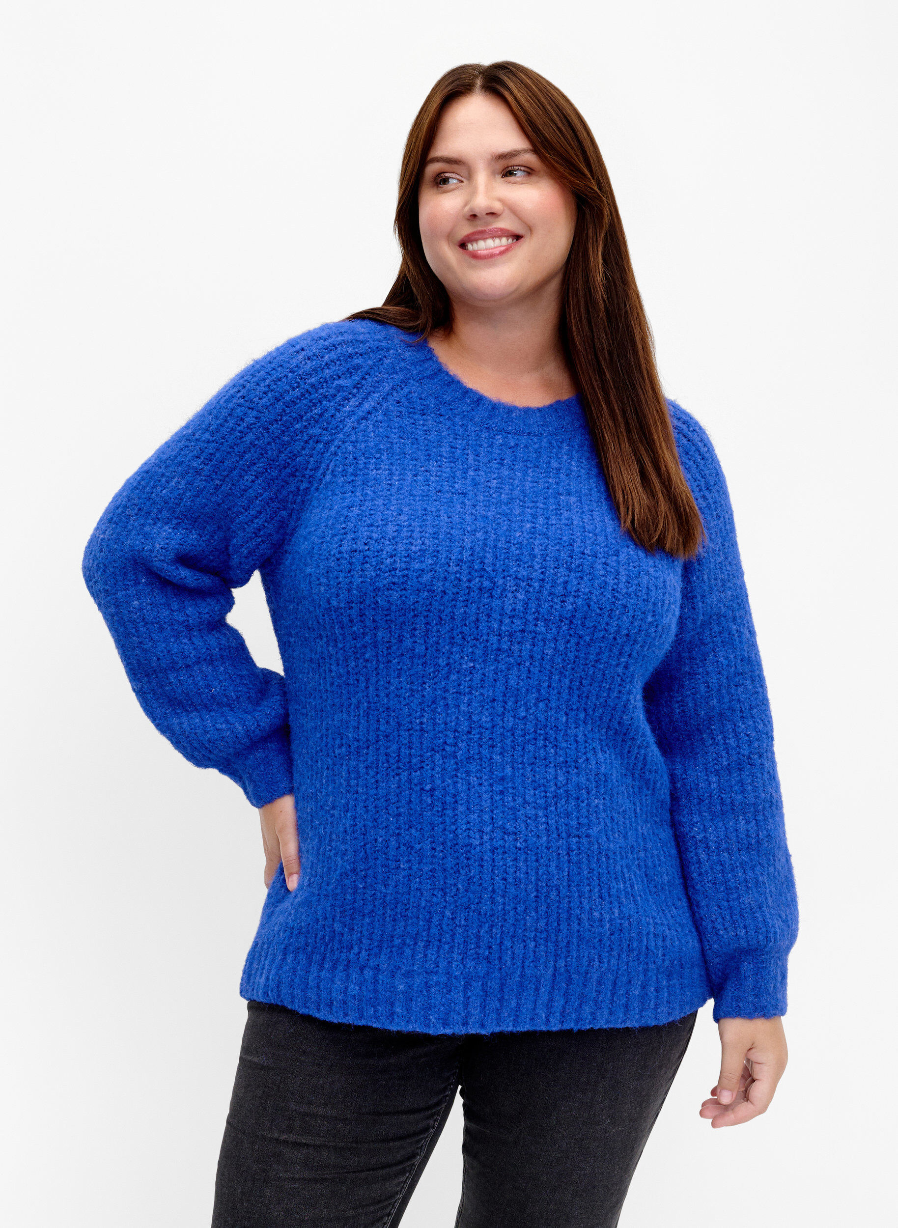 Zizzi Pull en tricot avec de la laine et des manches raglan, Princess Blue, Model image number 0