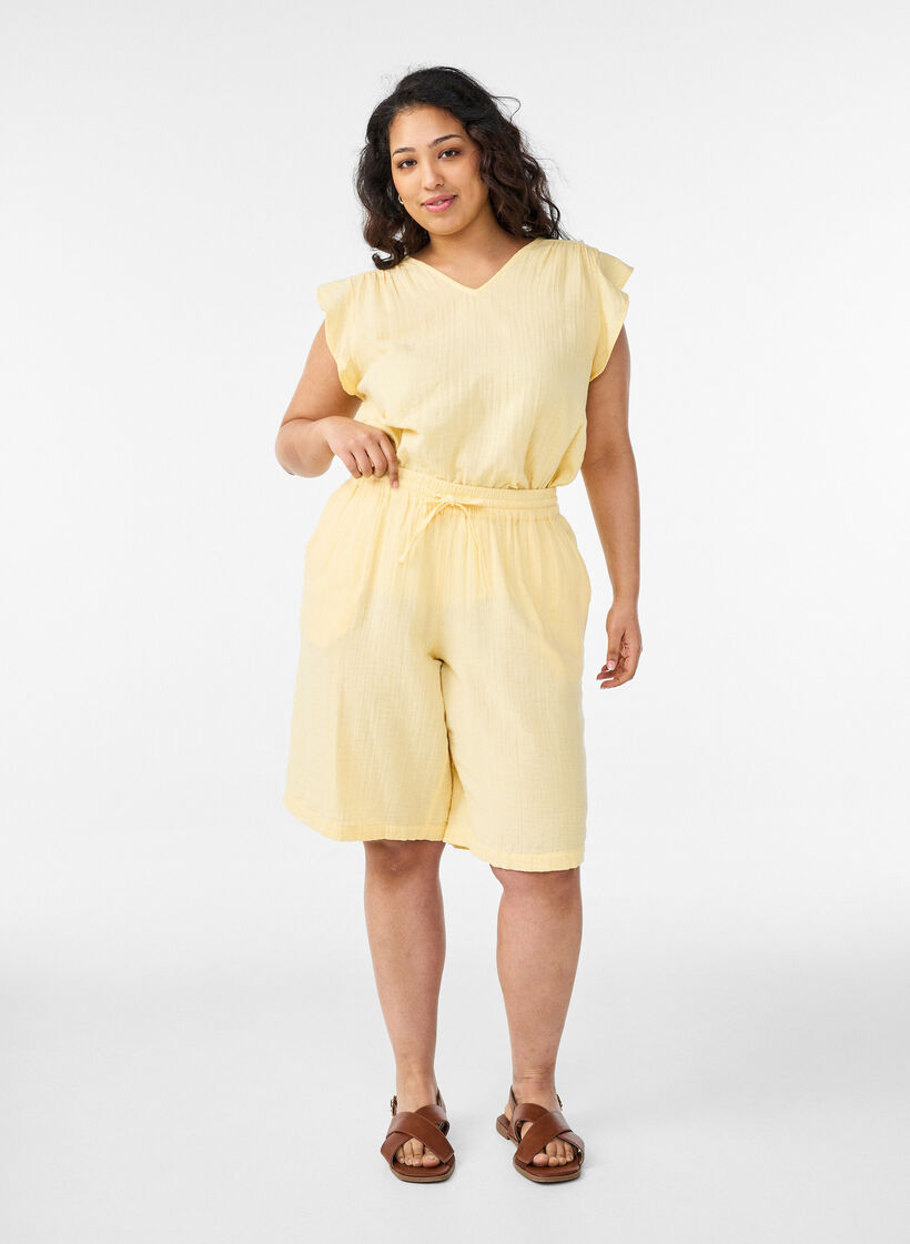 Short ample en mousseline de coton taille haute, Jaune clair, Model image number 1