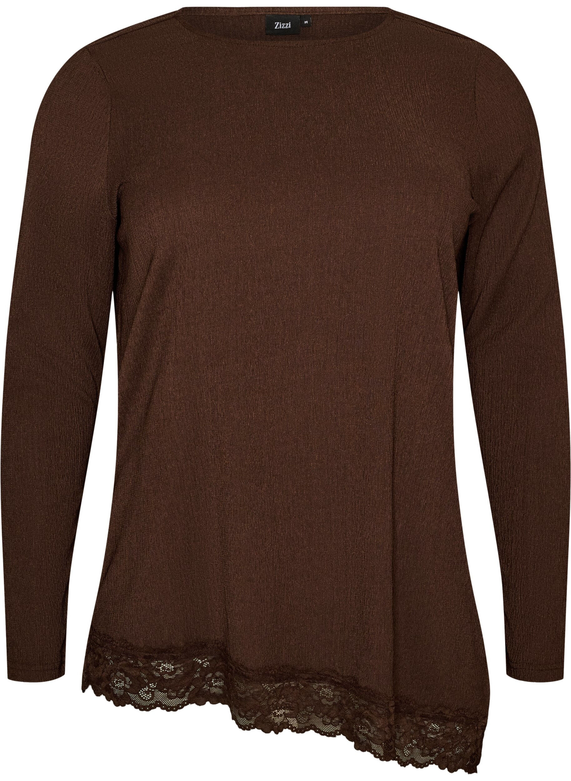 ZizziBlouse en jersey avec bordure en dentelle asym&eacute;trique, Marron, Packshot image number 0