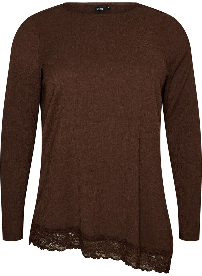 Blouse en jersey avec bordure en dentelle asym&eacute;trique, Marron, Packshot image number 0