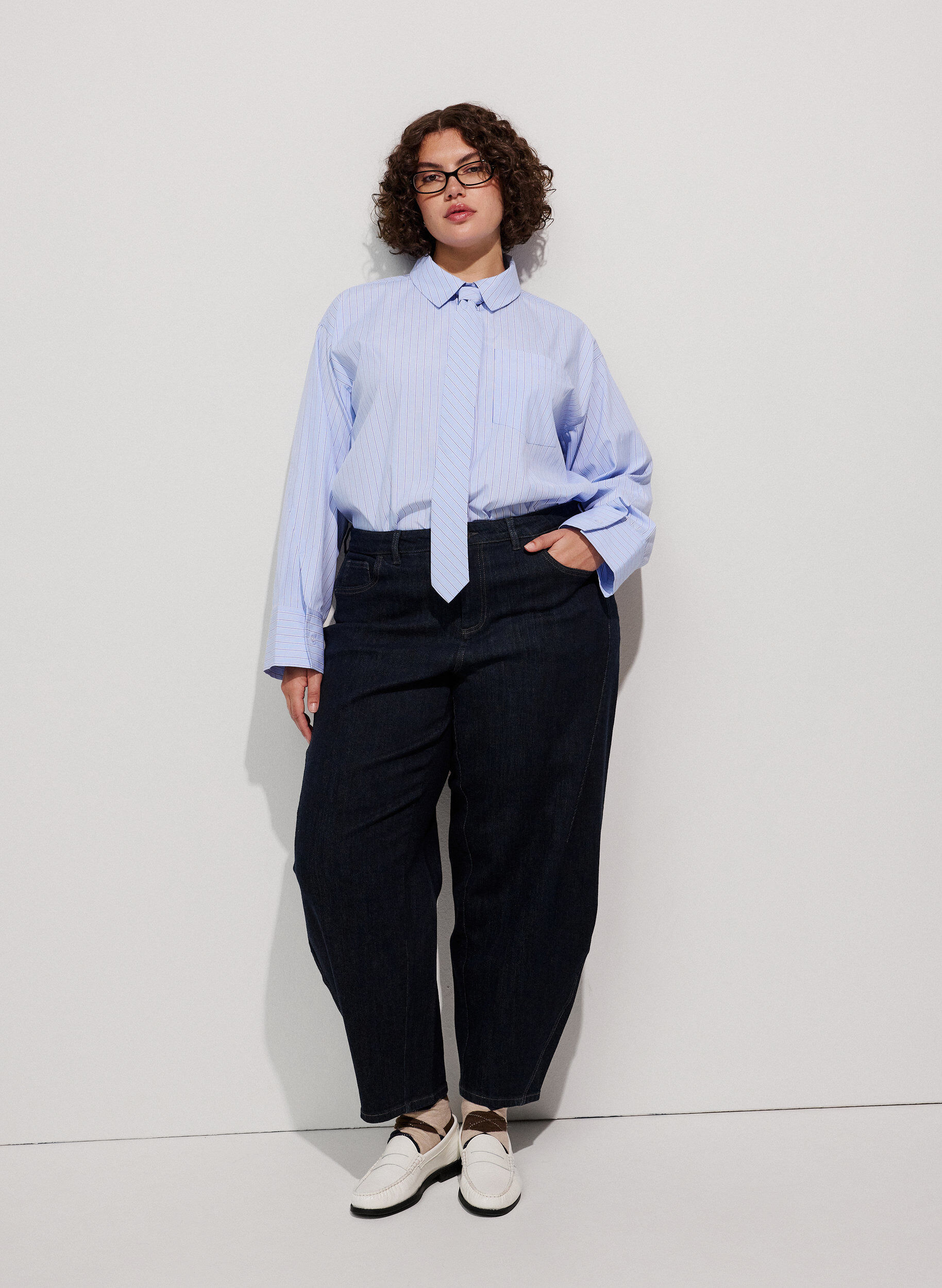 Jean taille haute coupe Barrel, Bleu, Model