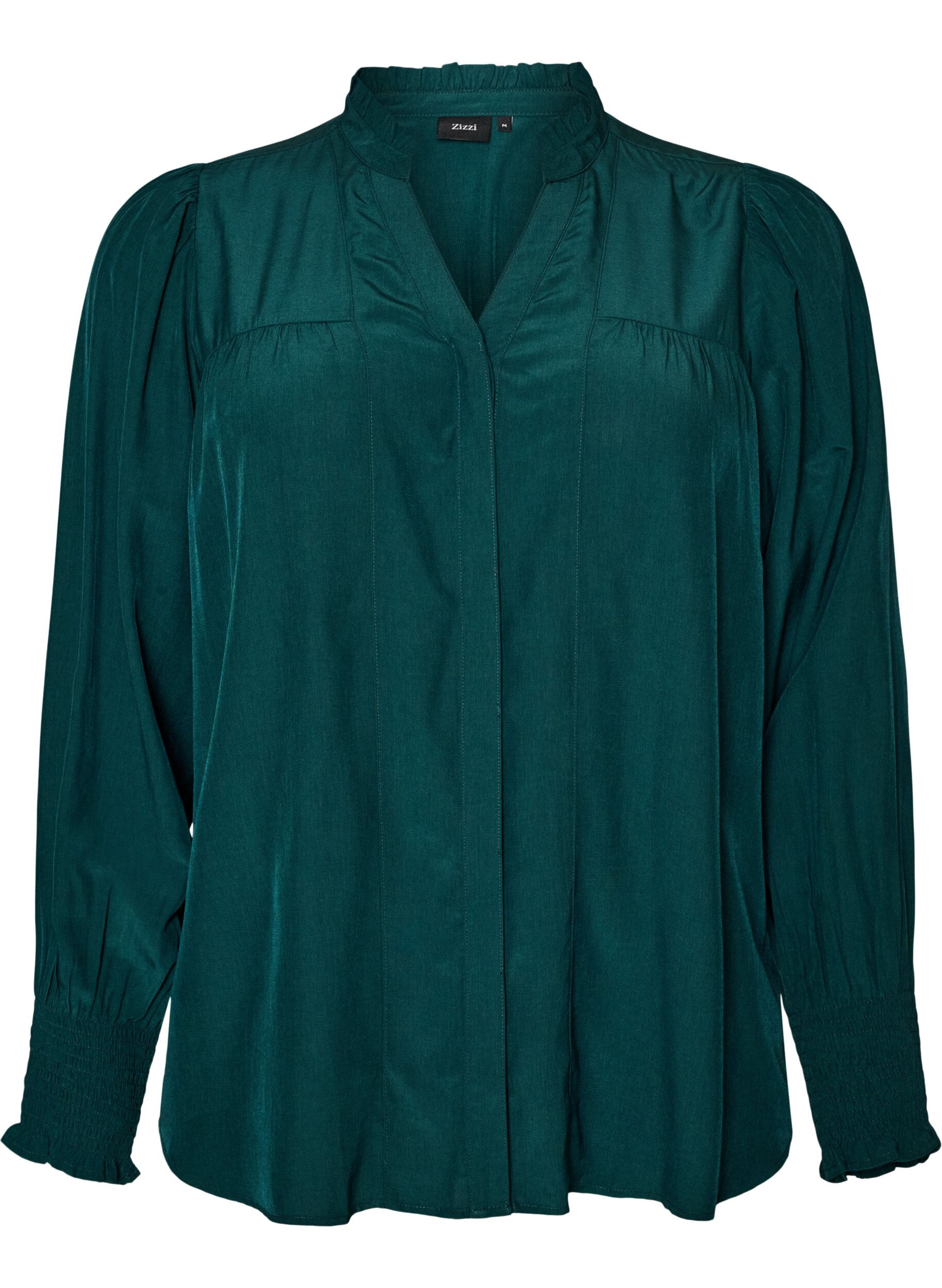 ZizziBlouse avec col &agrave; volants et fronces, Vert fonc&eacute;, Packshot image number 0
