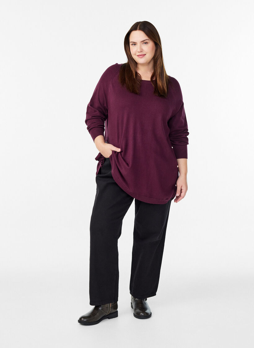 Blouse en maille avec boutons sur le côté, Bordeaux, Model image number 1