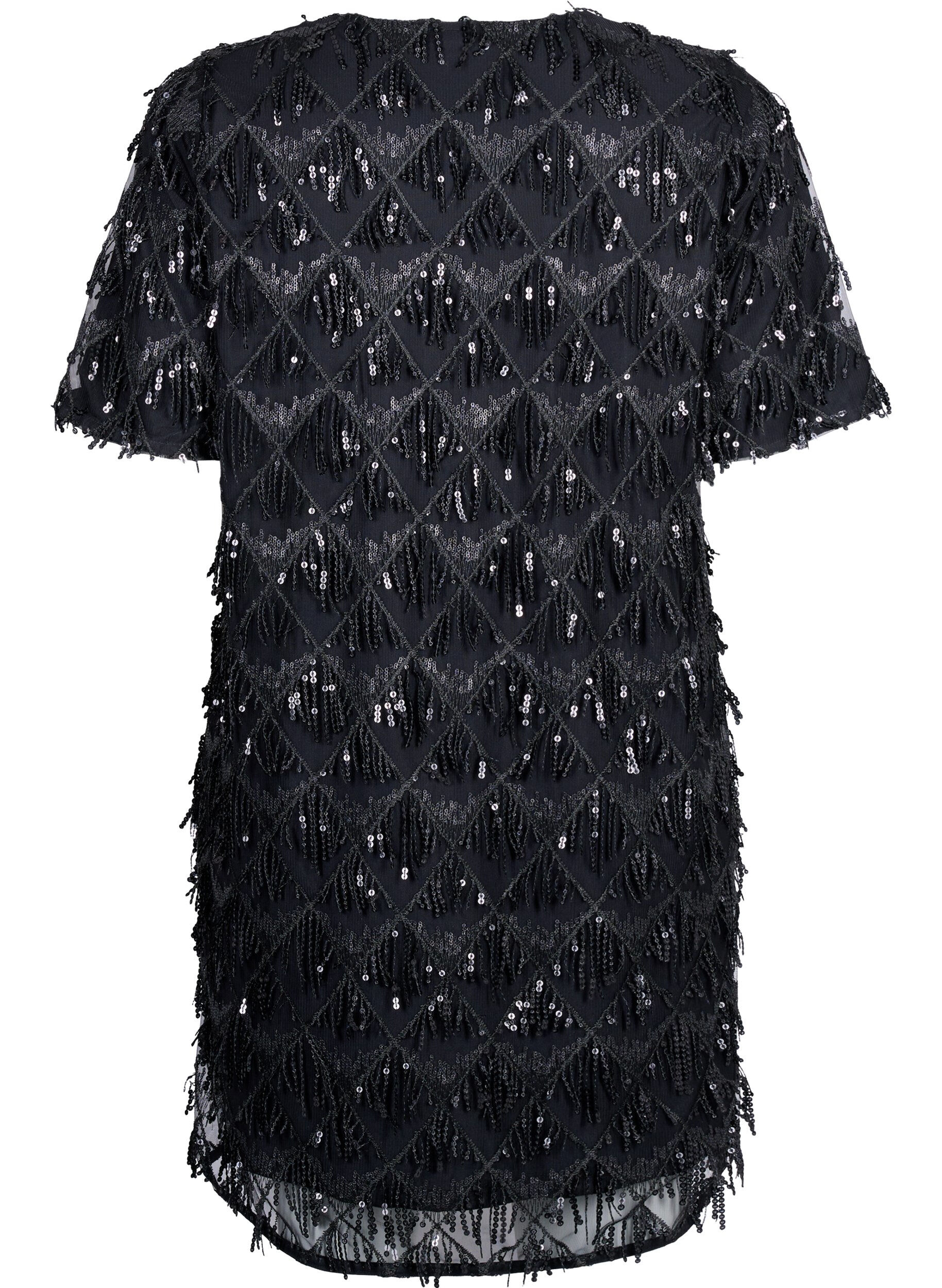 Zizzi Robe courte avec franges &agrave; paillettes, Black, Packshot image number 1
