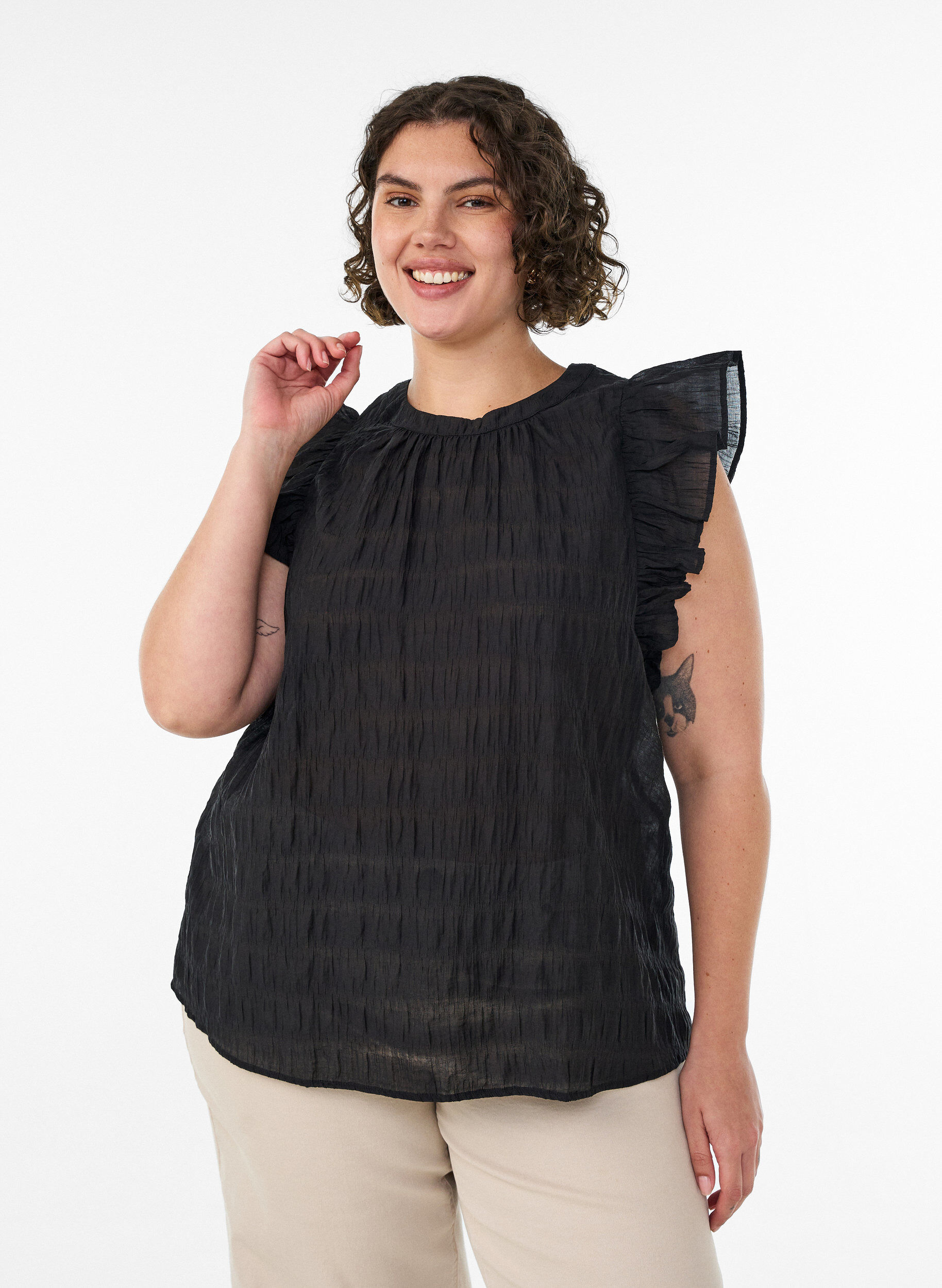 ZizziBlouse sans manches textur&eacute;e avec volants, Noir, Model image number 0