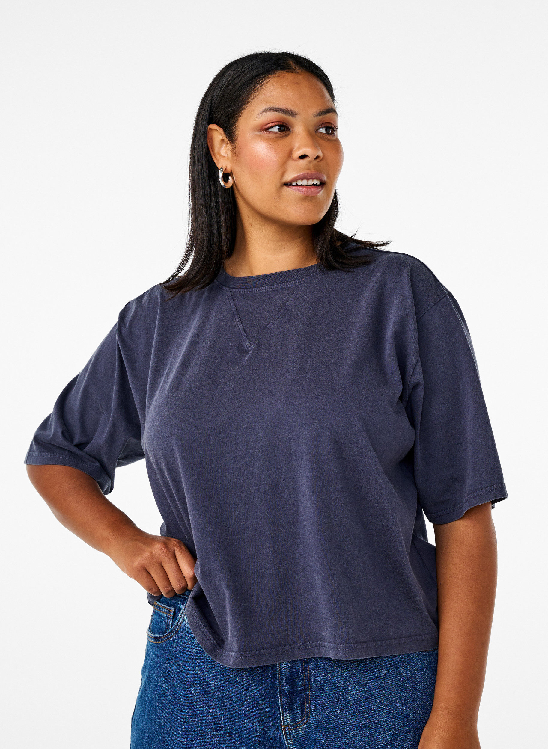 Zizzi T-shirt boxy en coton bio, Bleu, Model image number 0