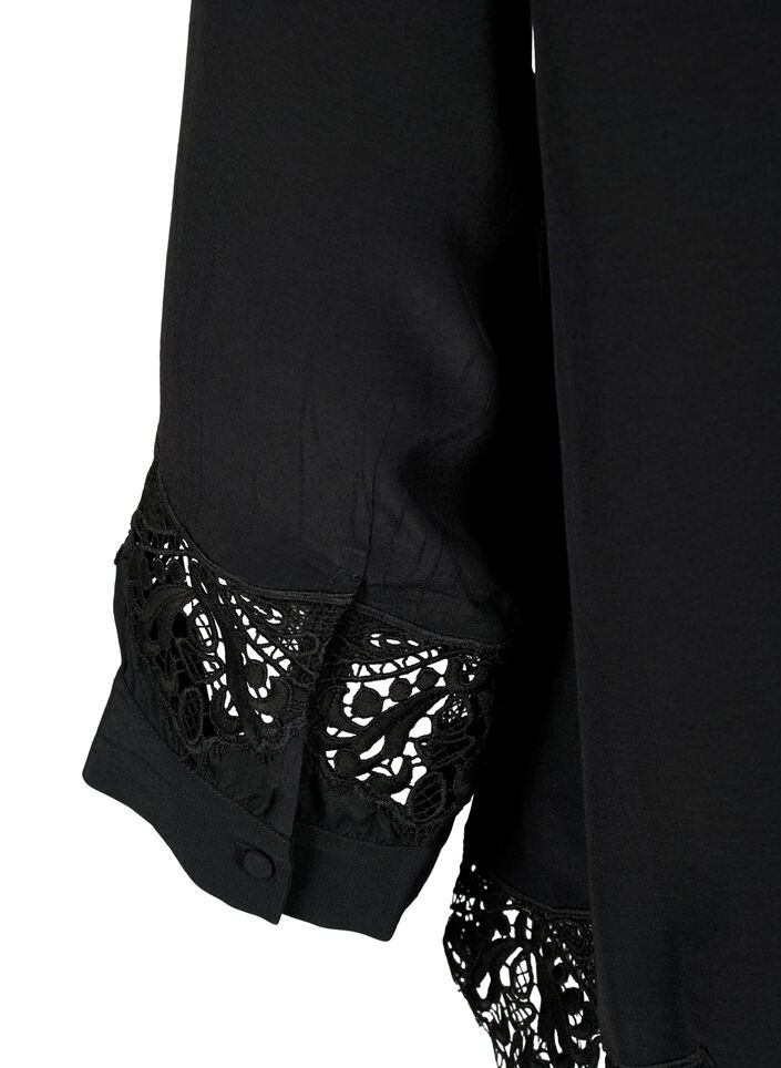 Chemise en viscose avec manches 3/4 et détails de broderie, Black, Packshot image number 3