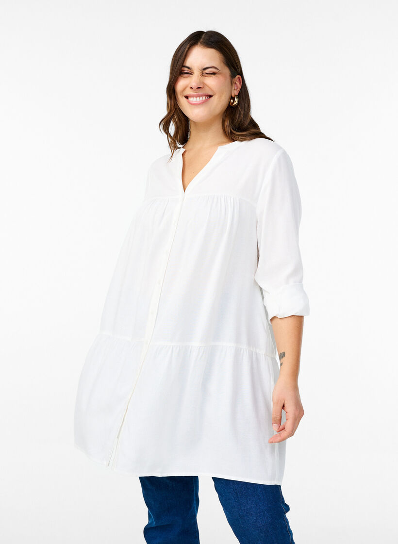 Tunique à col en V et détails froncés, Blanc, Model image number 0