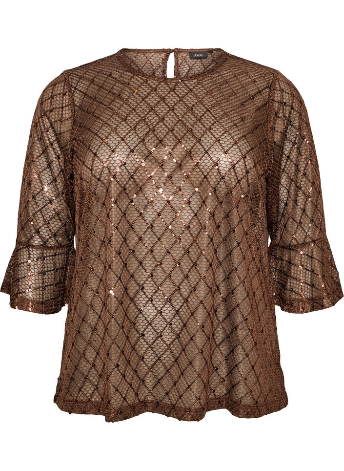 Blouse transparente avec sequins et motif &agrave; losanges, Marron, Packshot image number 0