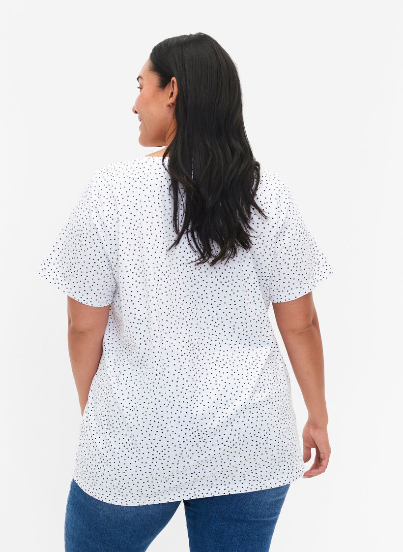T-shirt en coton avec des points et un col en V, B.White/Black Dot, Model image number 1