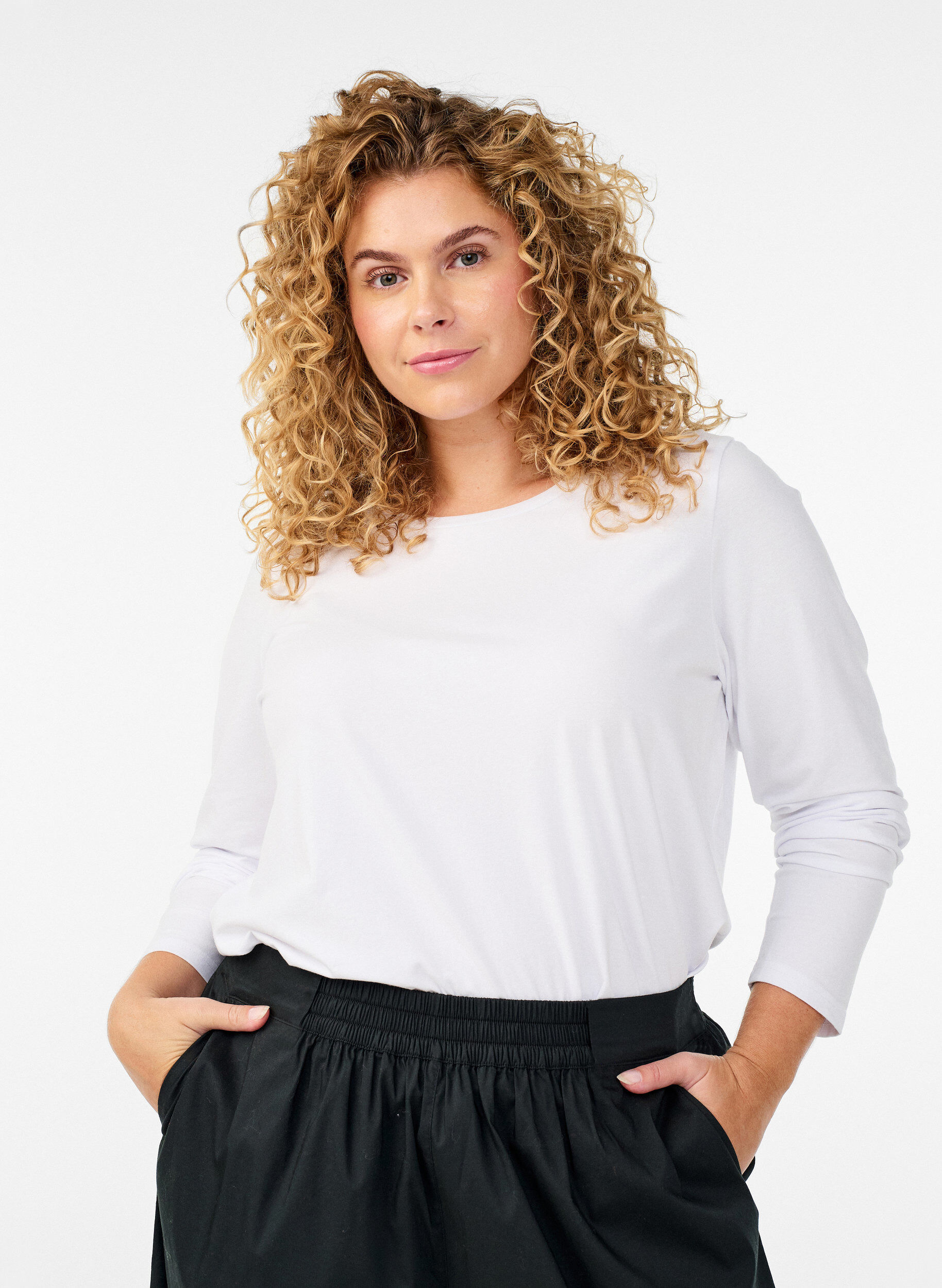 Top basic en jersey avec manches longues, Blanc, Model
