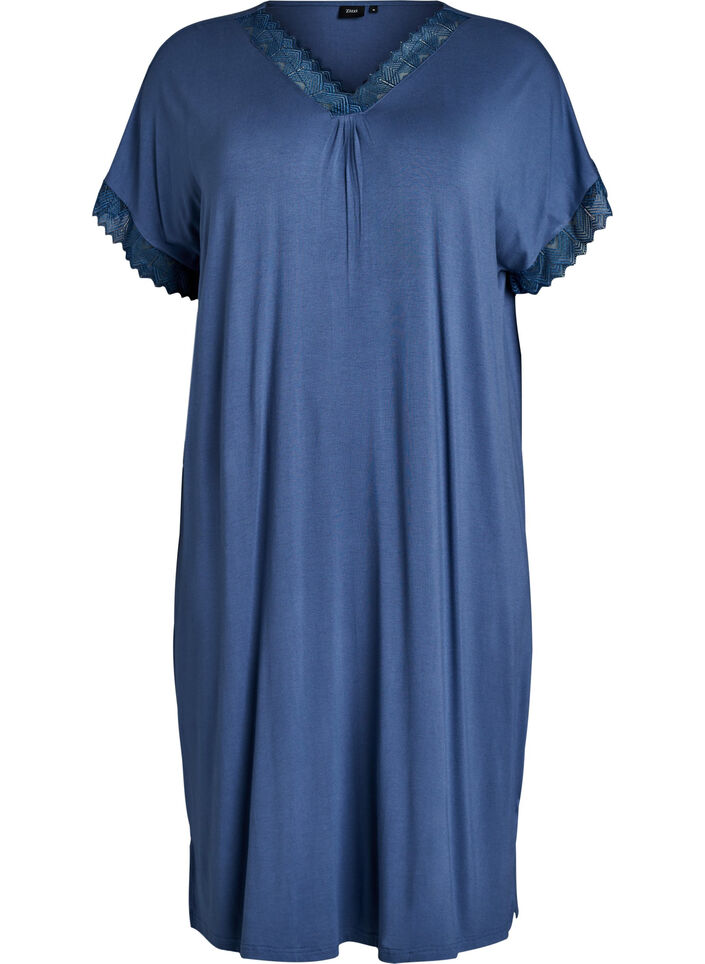 Chemise de nuit en viscose manches courtes dentelle, Bleu, Packshot image number 0