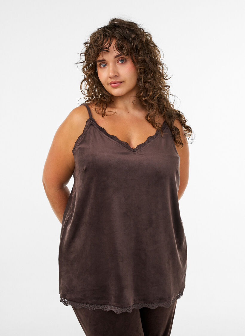 Top en velours avec bordure en dentelle, Marron, Model image number 0