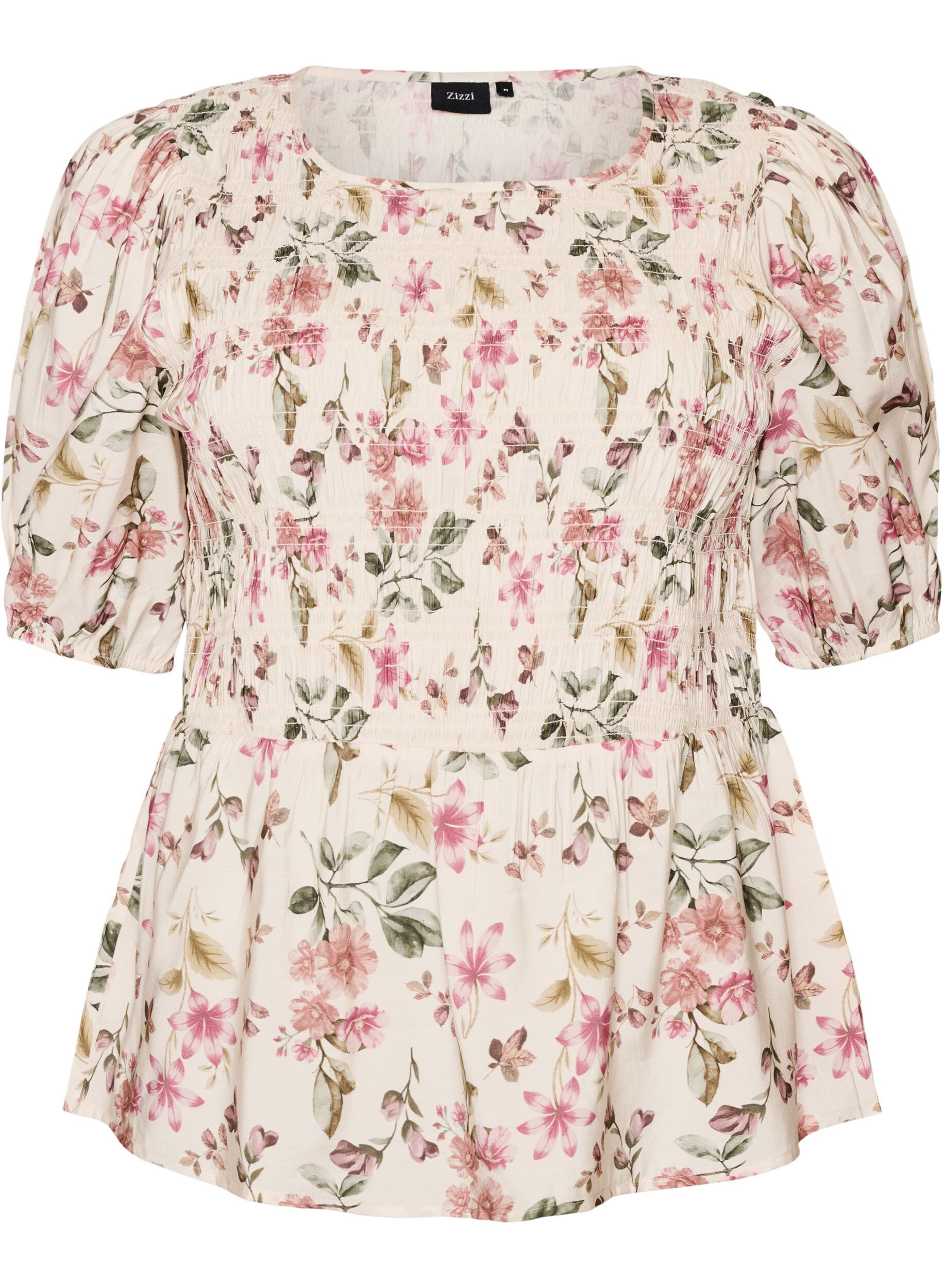 ZizziBlouse en viscose avec smocks et effet p&eacute;plum, Vanille, Packshot image number 0