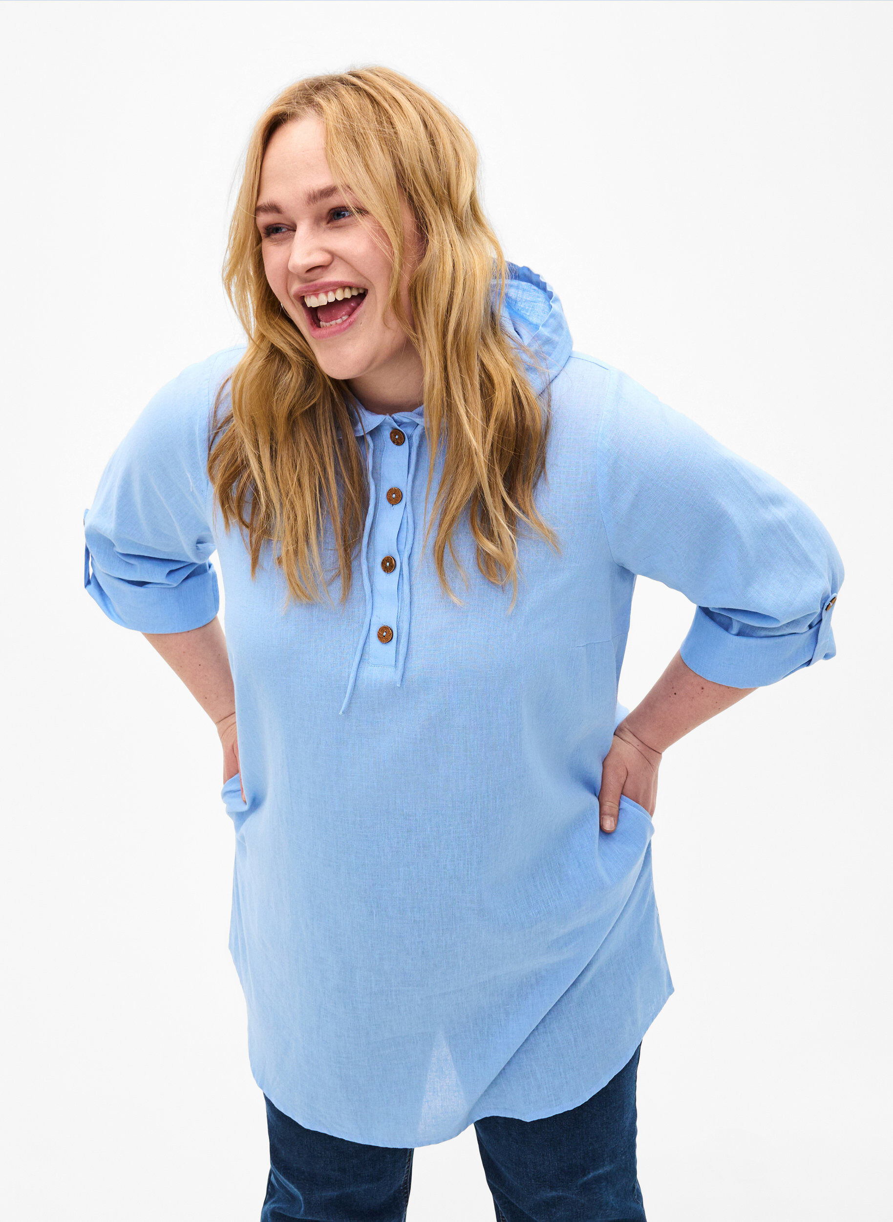 Zizzi Tunique &agrave; capuche en coton et lin, Serenity, Model image number 0