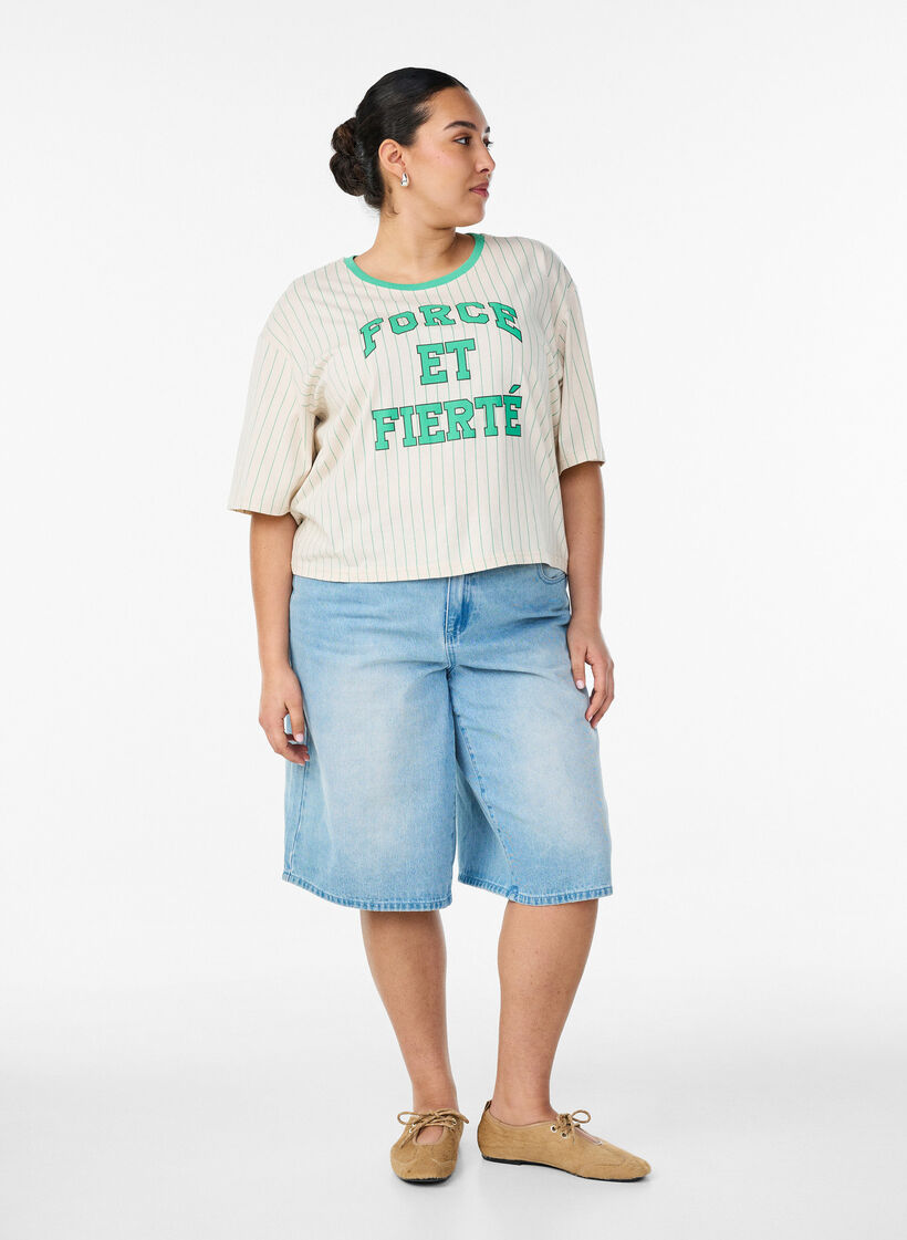 T-shirt boxy &agrave; rayures avec imprim&eacute; statement, Vanille, Model image number 1