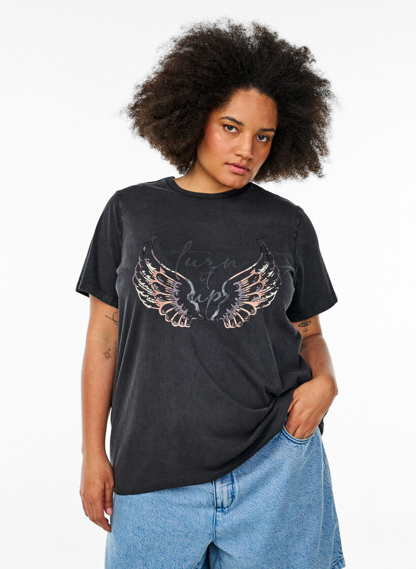 T-shirt en coton bio avec imprimé original, Gris, Model image number 0