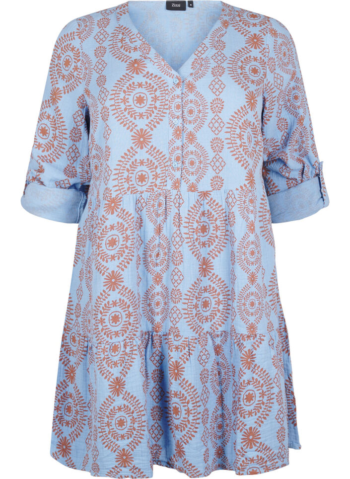 Robe courte en mousseline de coton &agrave; motif, Bleu Clair, Packshot image number 0