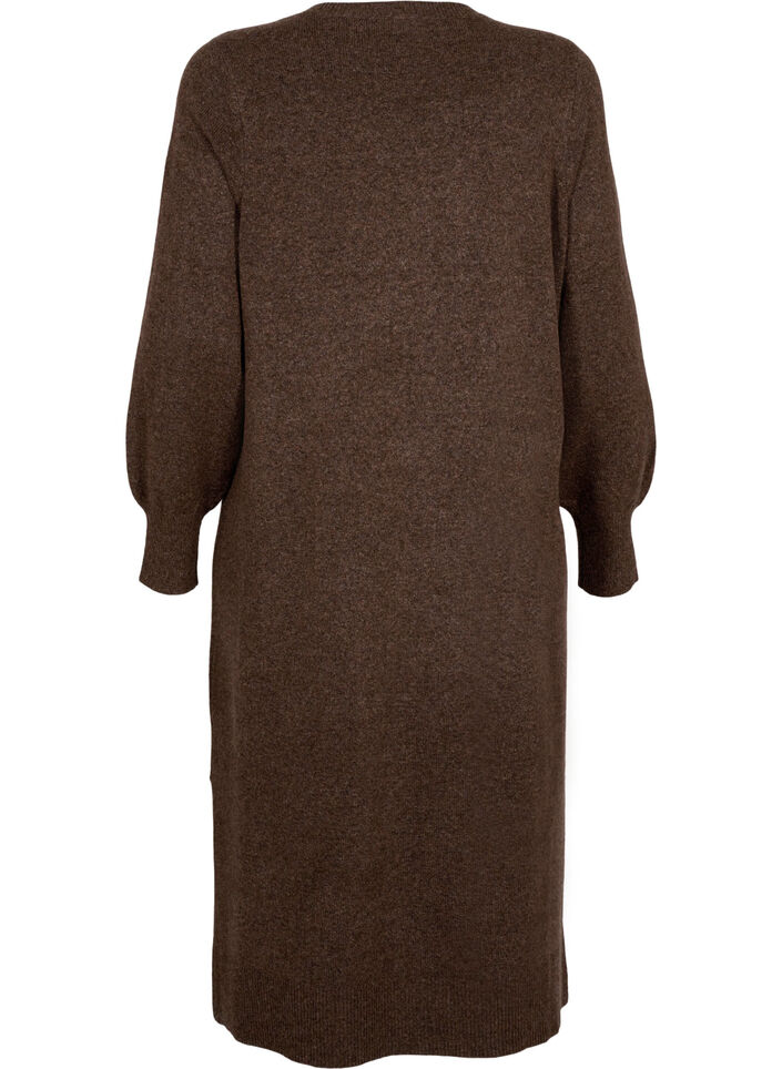 Robe en maille &agrave; manches longues et col en V, Marron, Packshot image number 1