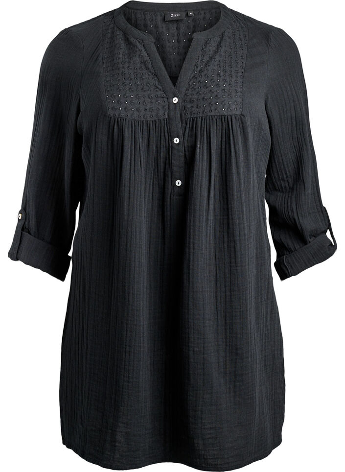 Tunique en mousseline de coton avec broderie anglaise, Noir, Packshot image number 0
