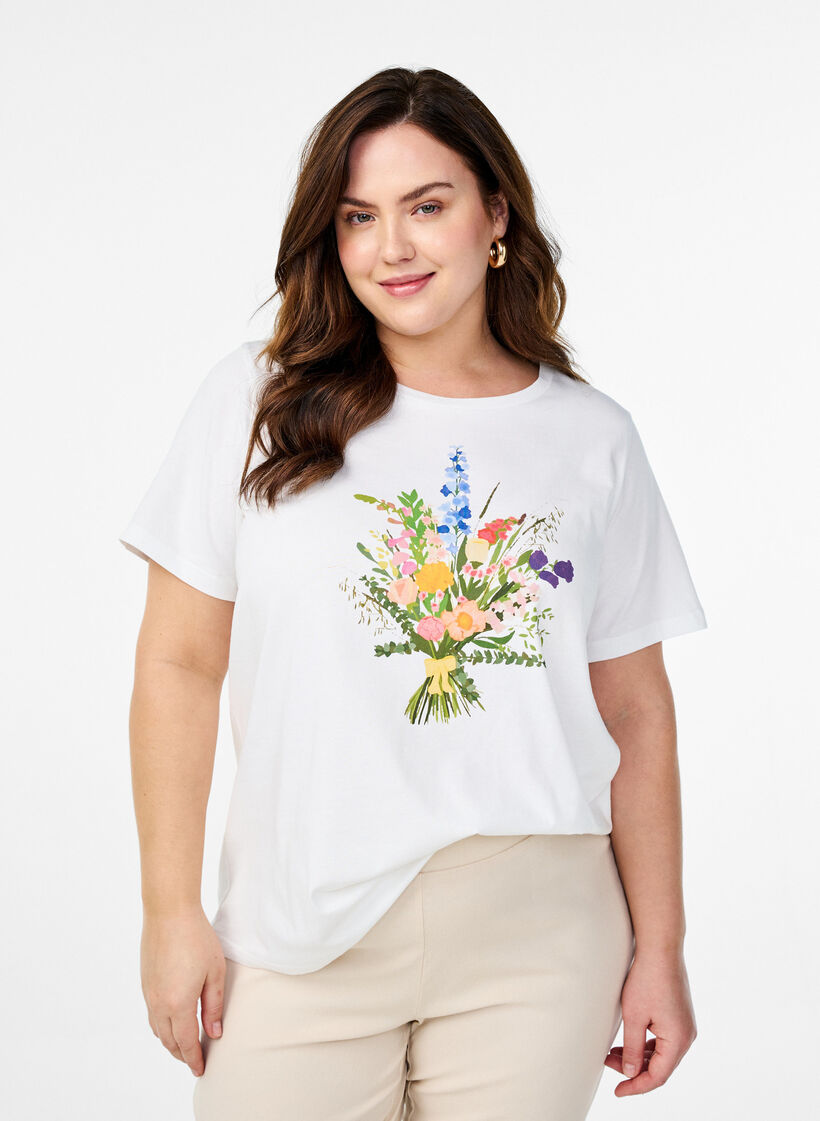 T-shirt en coton biologique avec imprimé floral, B. White w. Flower, Model image number 0