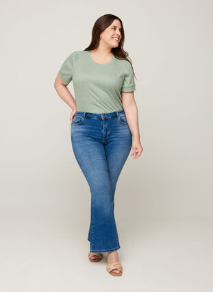 T-shirt côtelé à manches courtes en mélange de viscose, Lily Pad, Model image number 2