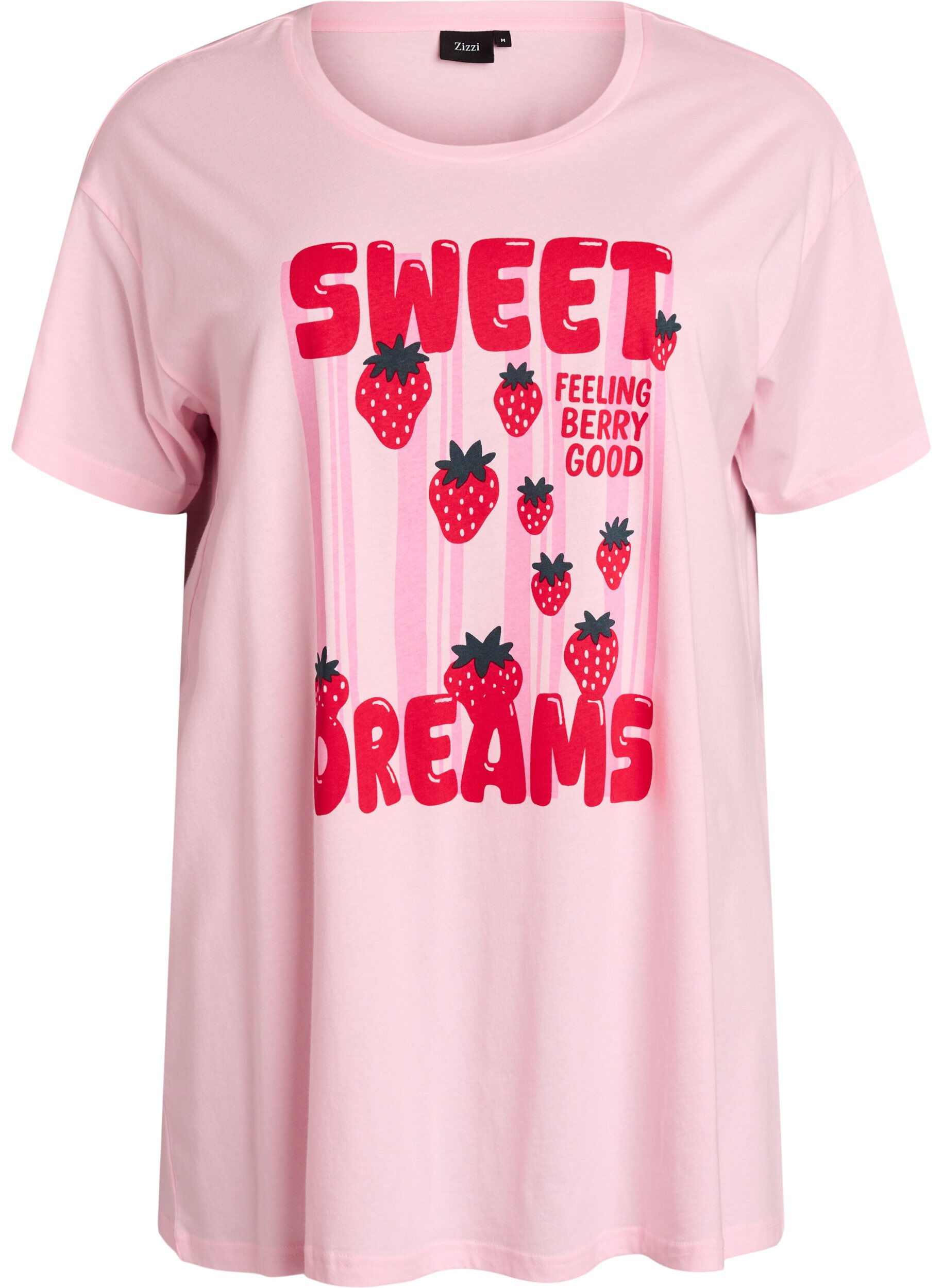 Zizzi T-shirt de nuit long en coton bio avec imprim&eacute;, Rose poudr&eacute;e, Packshot image number 0