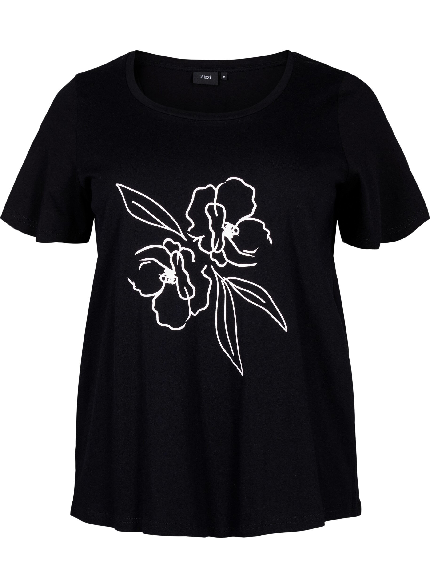 Zizzi T-shirt en coton avec motif, Black w. Flower, Packshot image number 0