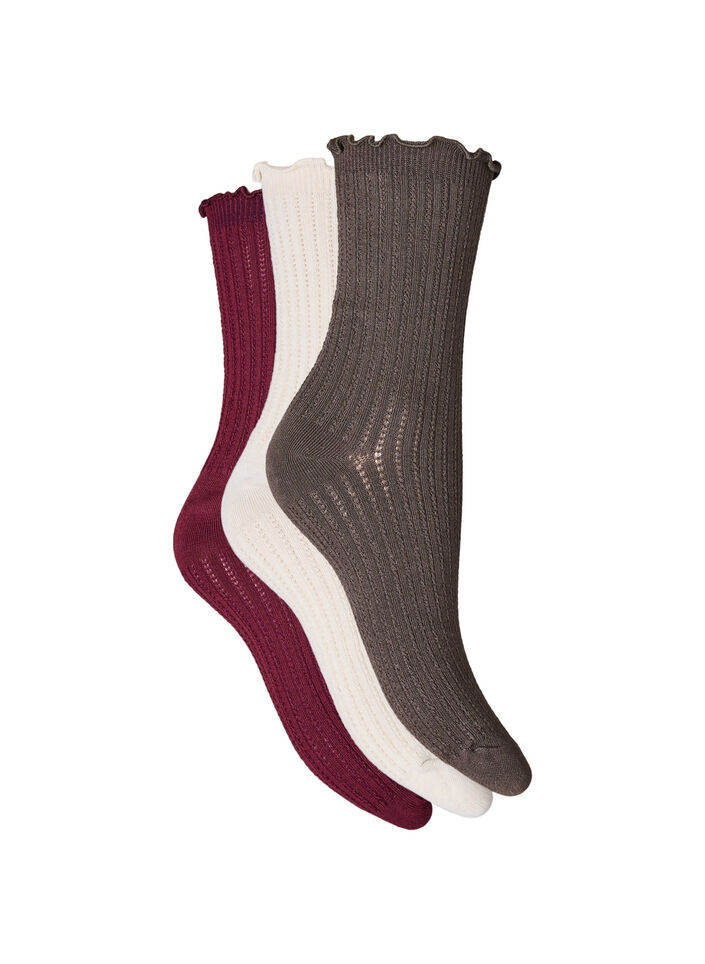 Lot de 3 chaussettes c&ocirc;tel&eacute;es avec un bord ondul&eacute;, Marron, Packshot image number 1
