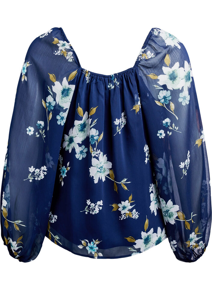 Chemisier en mousseline avec imprim&eacute; floral et manches longues, Bleu, Packshot image number 1
