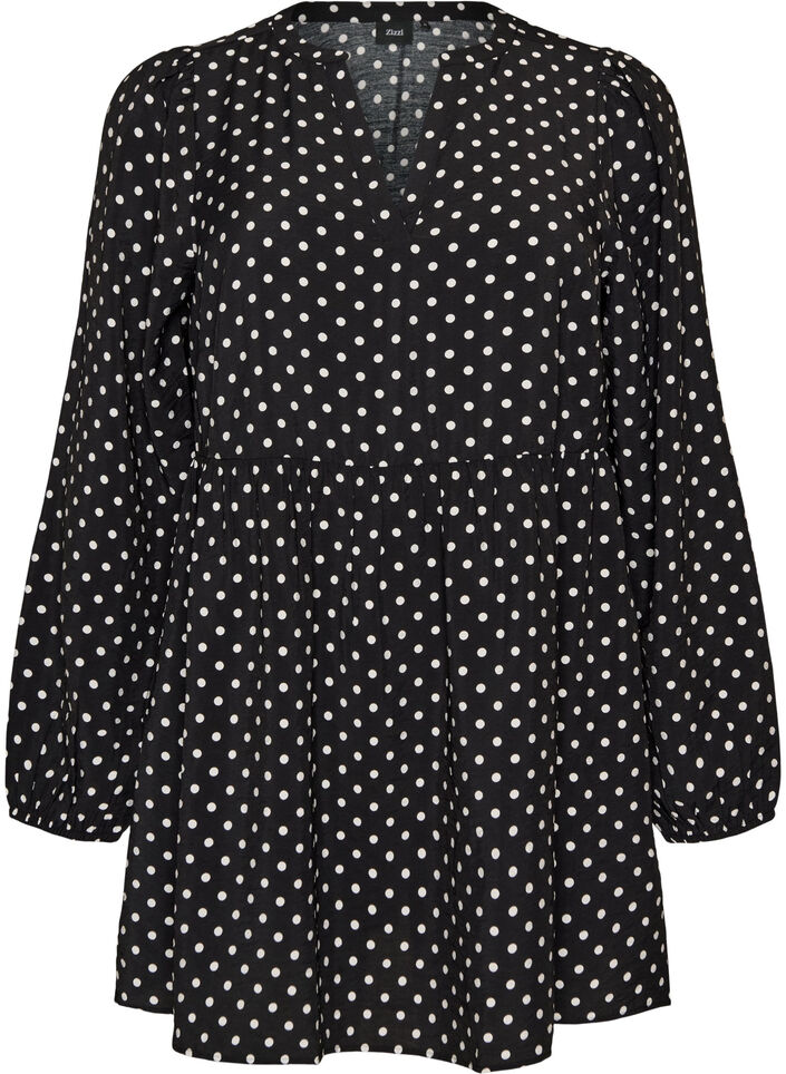 Tunique &agrave; pois avec ligne empire et coupe &eacute;vas&eacute;e, Noir, Packshot image number 0