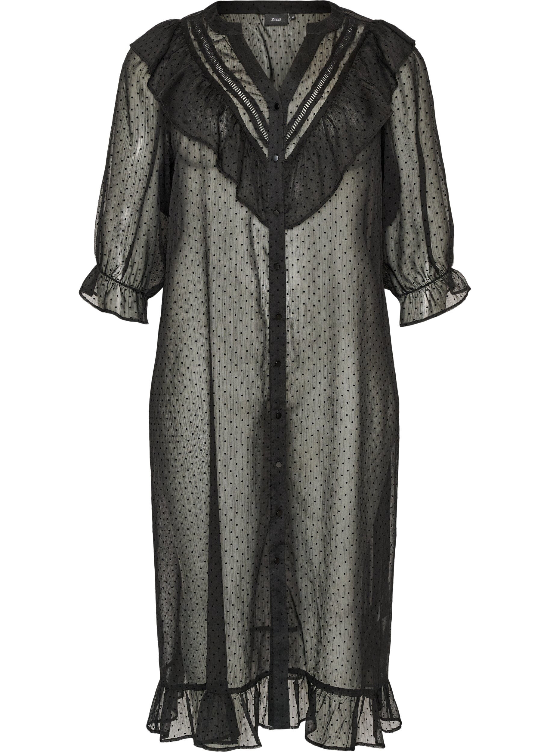 Robe midi en tissu l&eacute;ger et vaporeux &agrave; pois, avec des volants