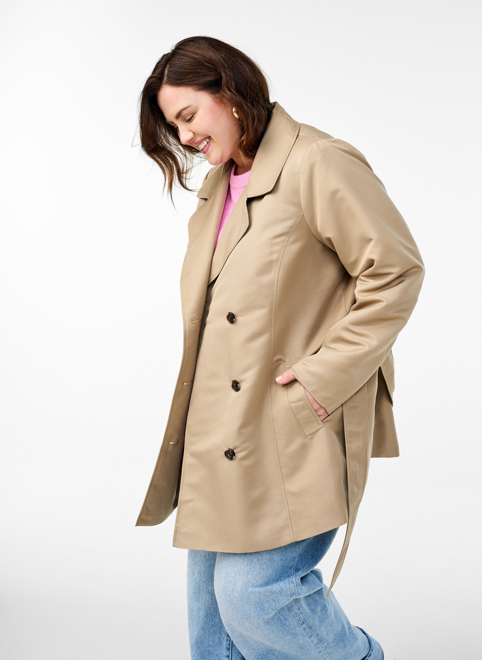 Zizzi Trench court avec ceinture, Beige, Model image number 3