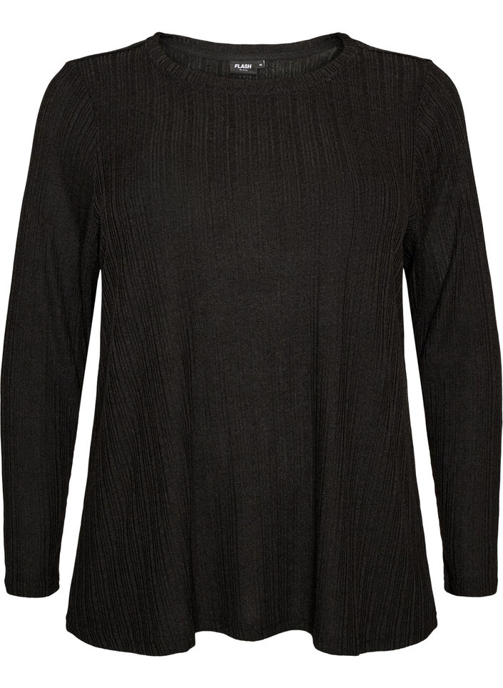 Blouse en jersey avec structure c&ocirc;tel&eacute;e et manches longues, Noir, Packshot image number 0